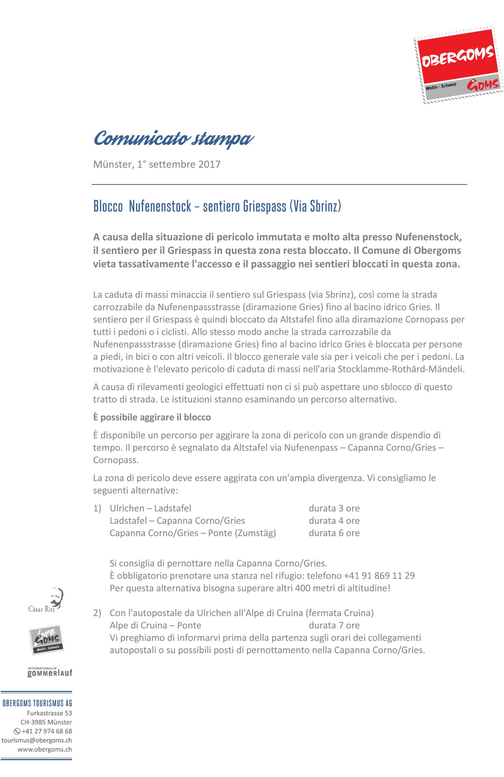 2017 09 01 – Medienmitteilung Sperrung Nufenenstock – I